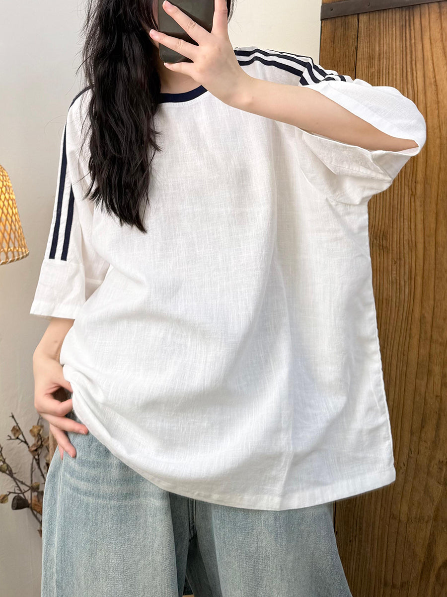 Women Summer Casual Srtipe Spliced O-Neck Linen Shirt
