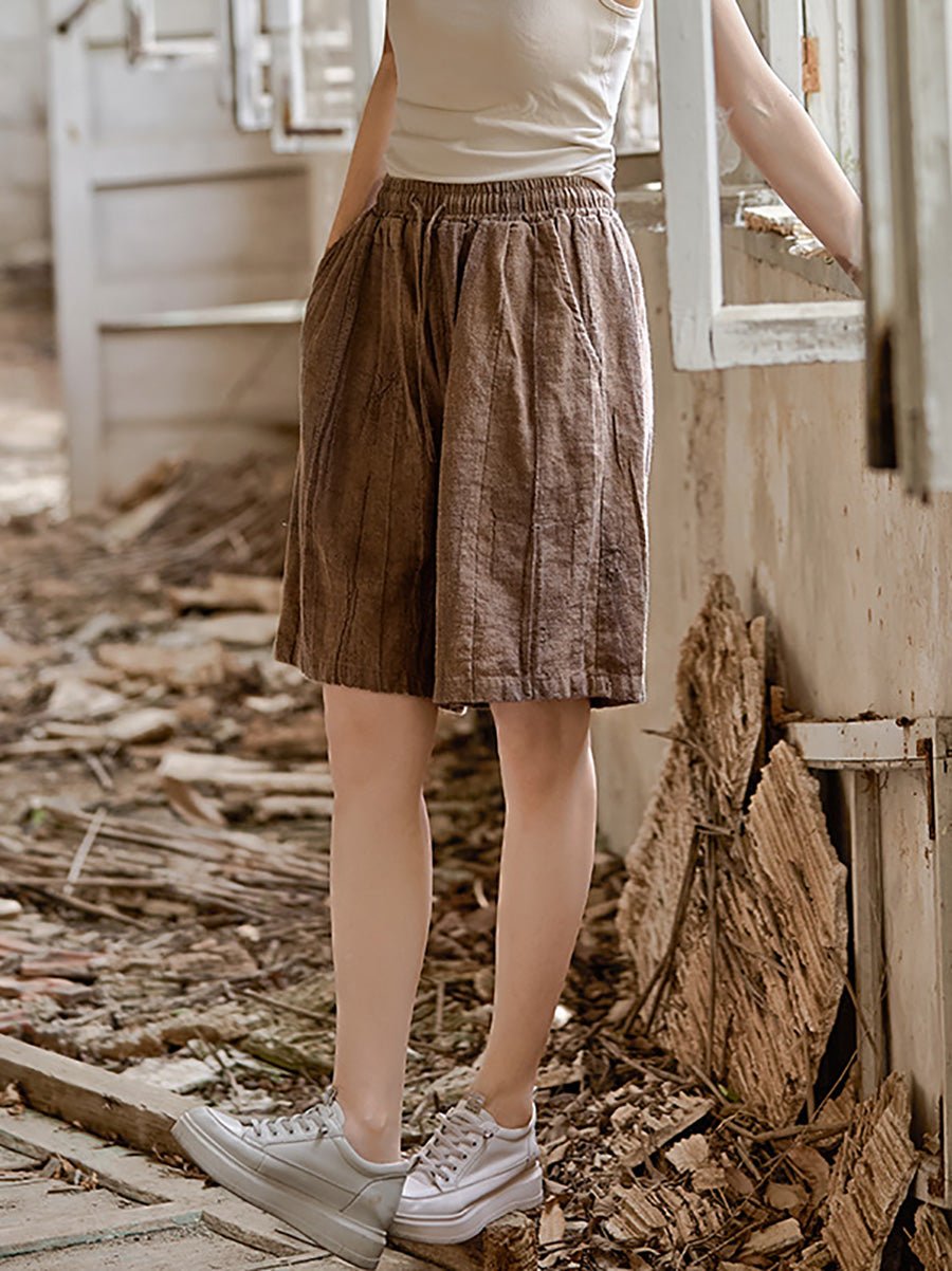 Women Summer Retro Pure Color Ramie Fifth Pants