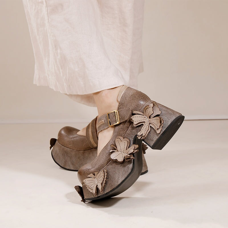 Handmade Retro Leather Mary Jane Shoes For Women 85mm Platform in Coffee/Gray
