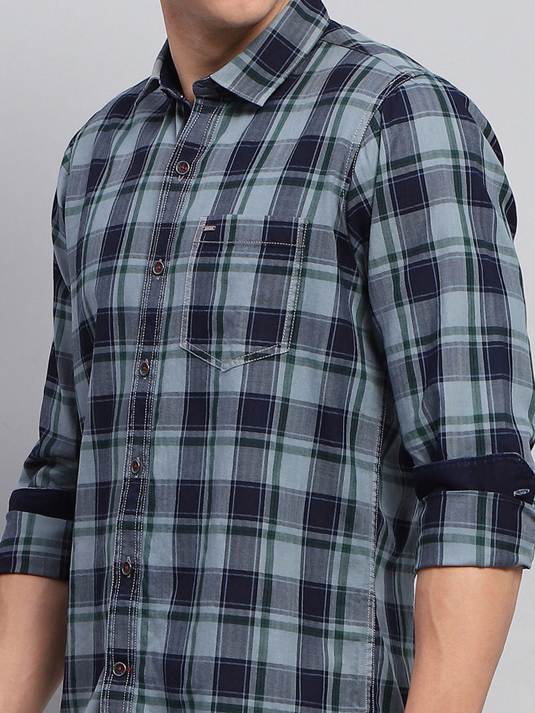 Men Blue Check Collar Full Sleeve Shirt