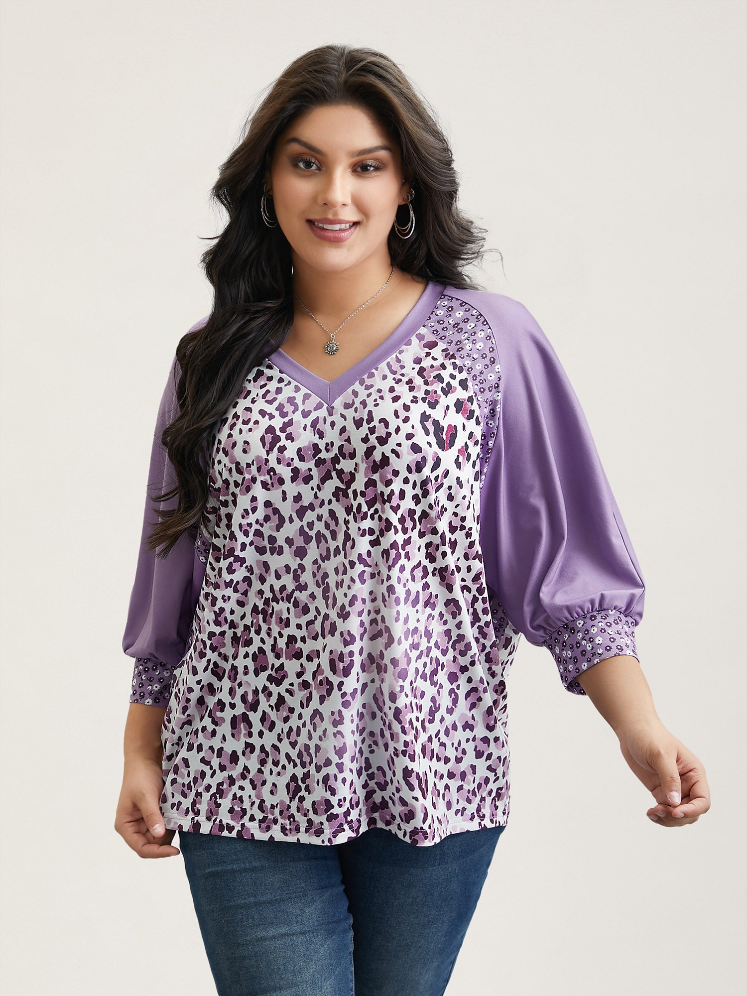 Leopard Print Contrast Raglan Sleeve T-Shirt