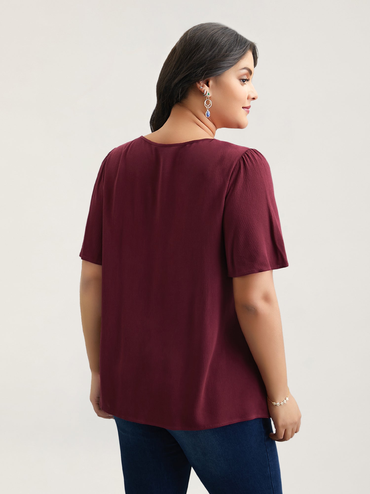 Lace Cut-Out Round Neck Pleated Shirt
