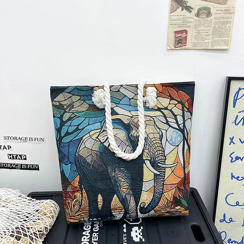 Women's Medium Canvas Elephant Ethnic Style Classic Style Square Zipper Tote Bag