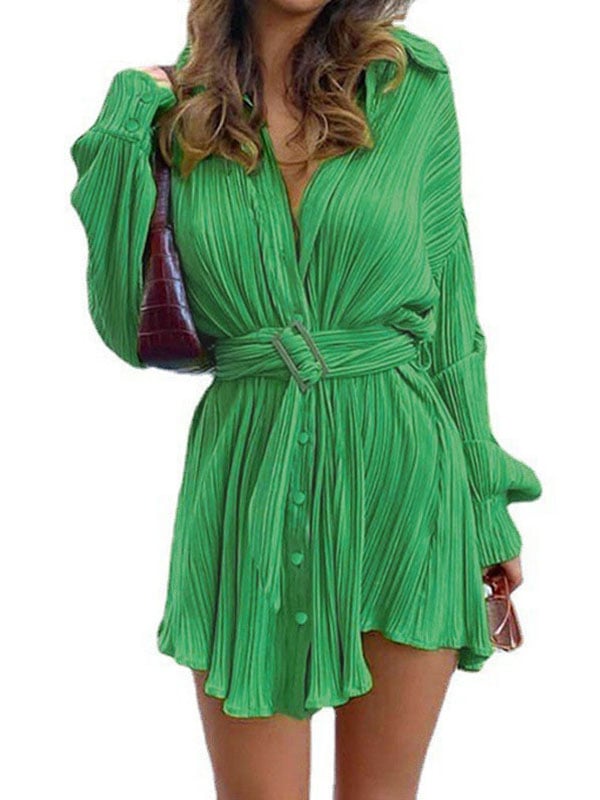 Long Sleeves Buttoned Pleated Solid Color Tied Waist Lapel Mini Dresses Shirt Dress