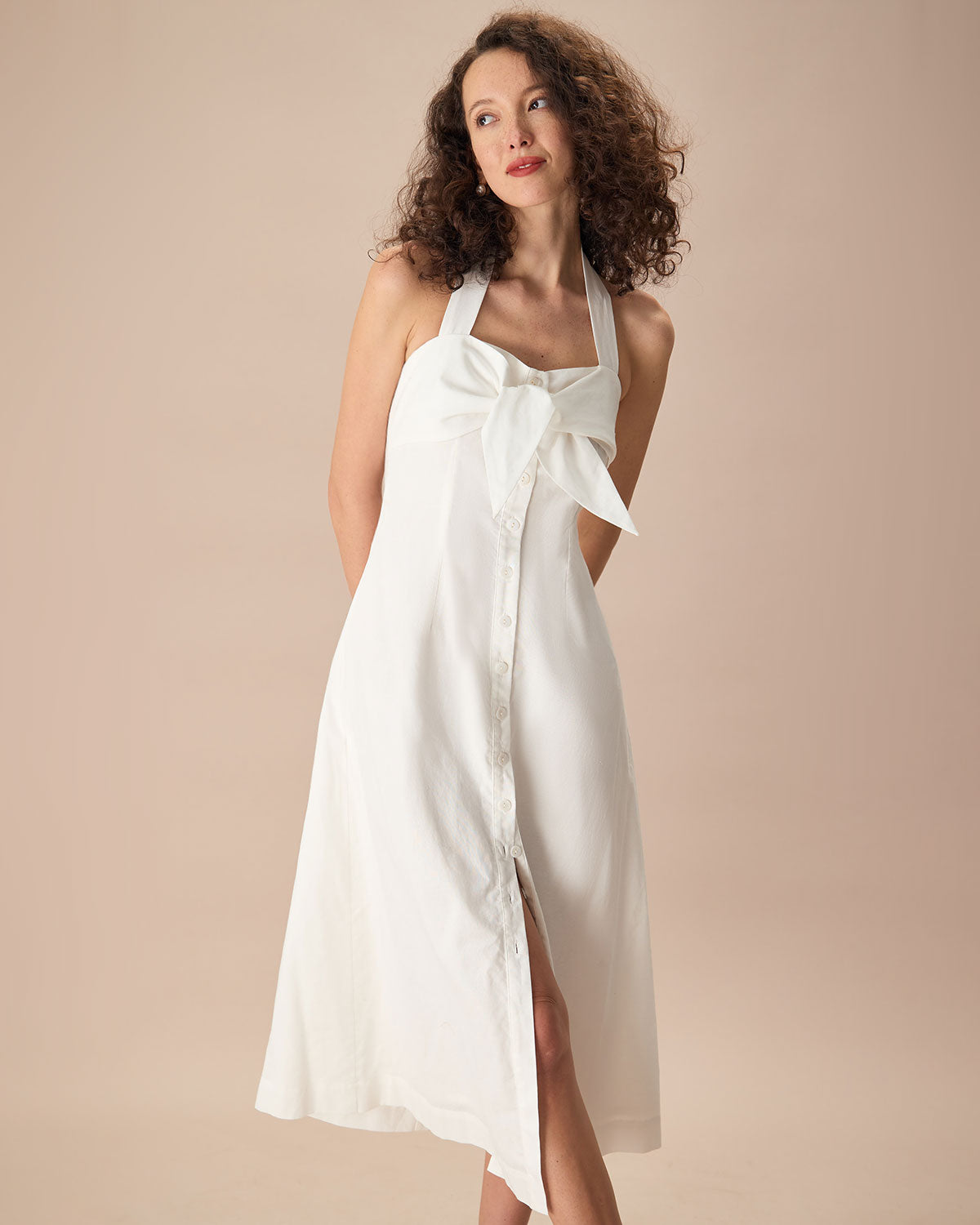 The White Sweetheart Neck Ruched Button Maxi Dress