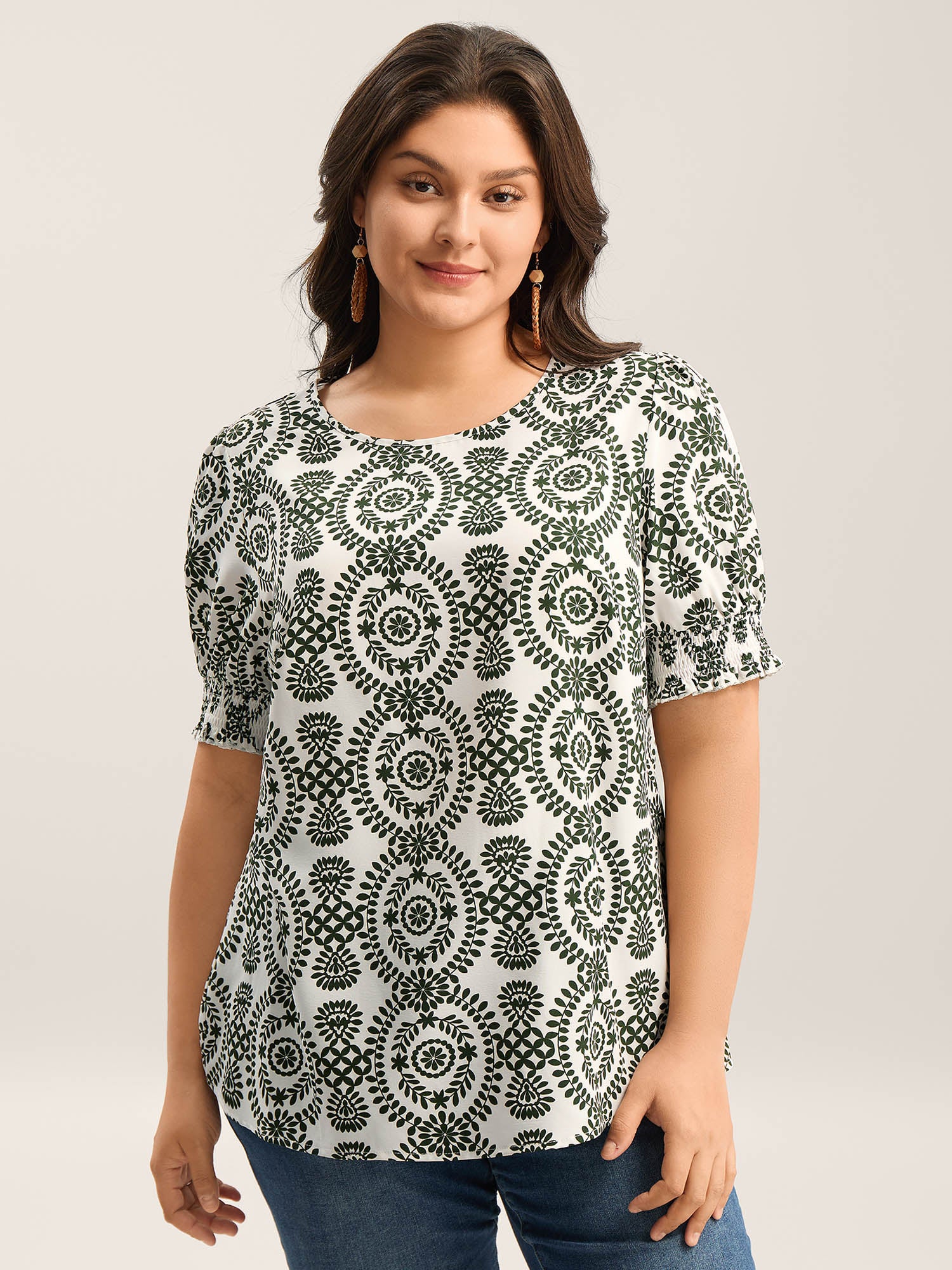Ornate Print Shirred Blouse