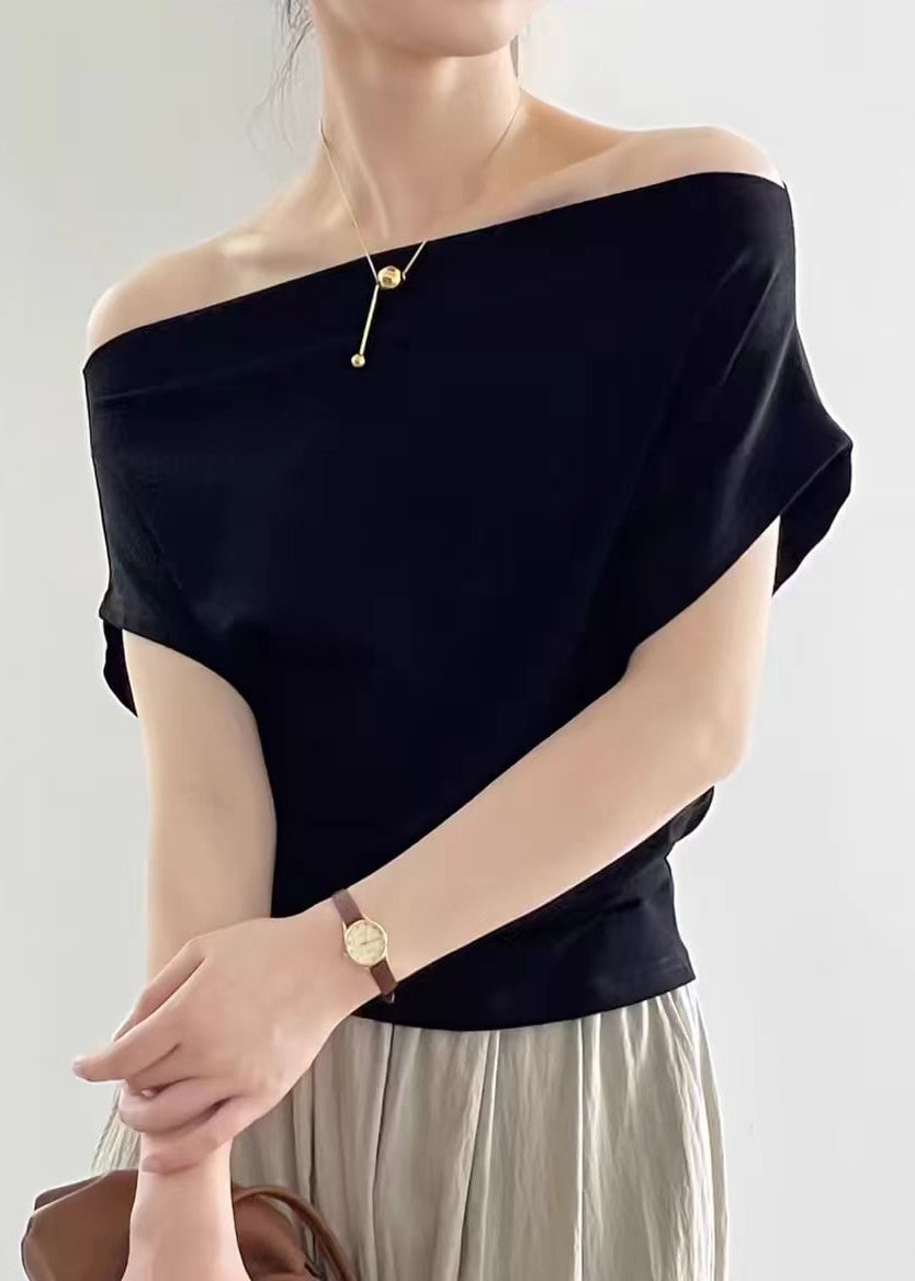 Women Black Slash Neck Solid Cotton T Shirt Summer