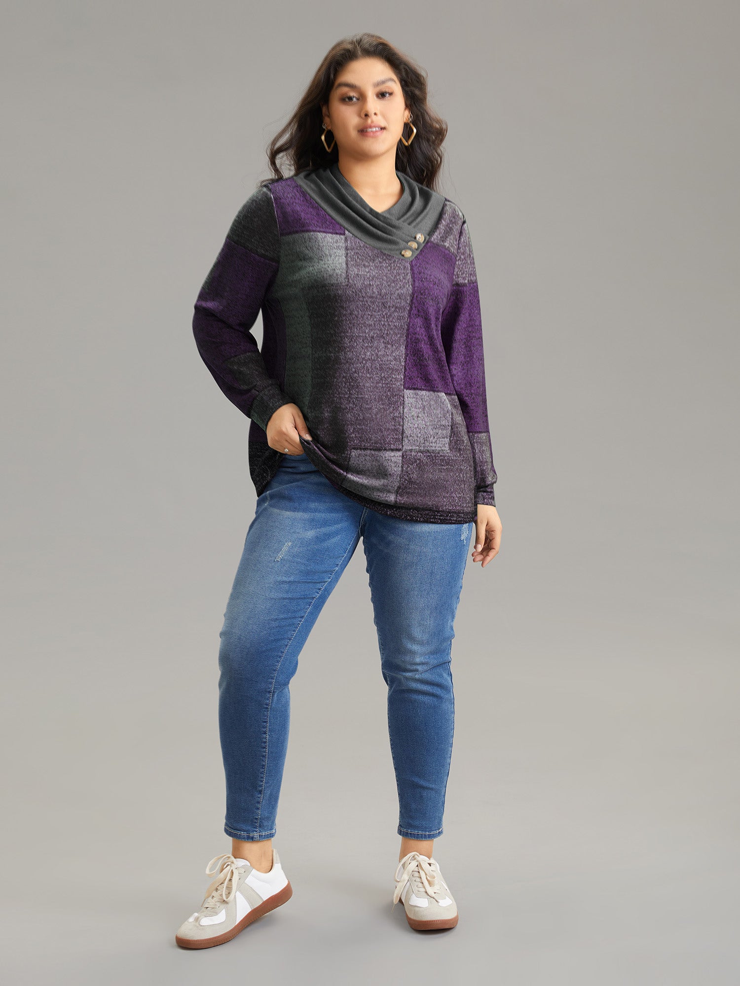 Asymmetrical Colorblock Button Detail Pleated T-shirt