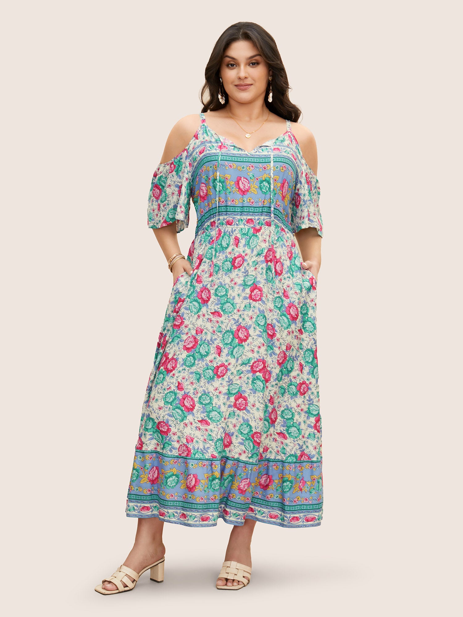 Floral Print Pocket Keyhole Ruffles Cold Shoulder Maxi Dress