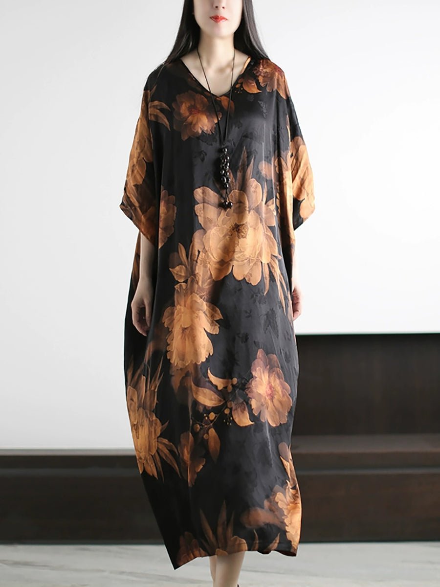 Women Summer Artsy Flower V-Neck Silk Loose Dress