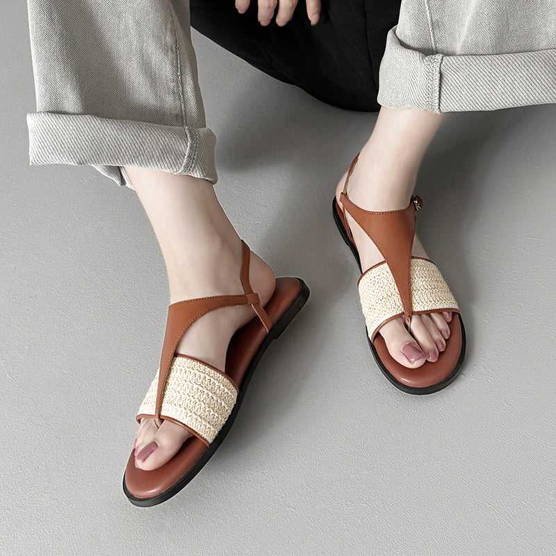 Vintage Style Woven Toe Post T-Straps Slingback Flat Sandals Roman Inspired Summer Shoes in Beige/Brown