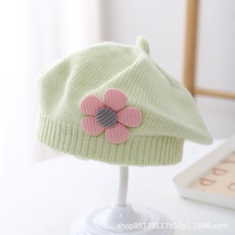 Baby Hat Autumn And Winter Baby Girls' Cute Flower Beret Children's Wool Hat Girls' Knitted Painter Hat Fashion