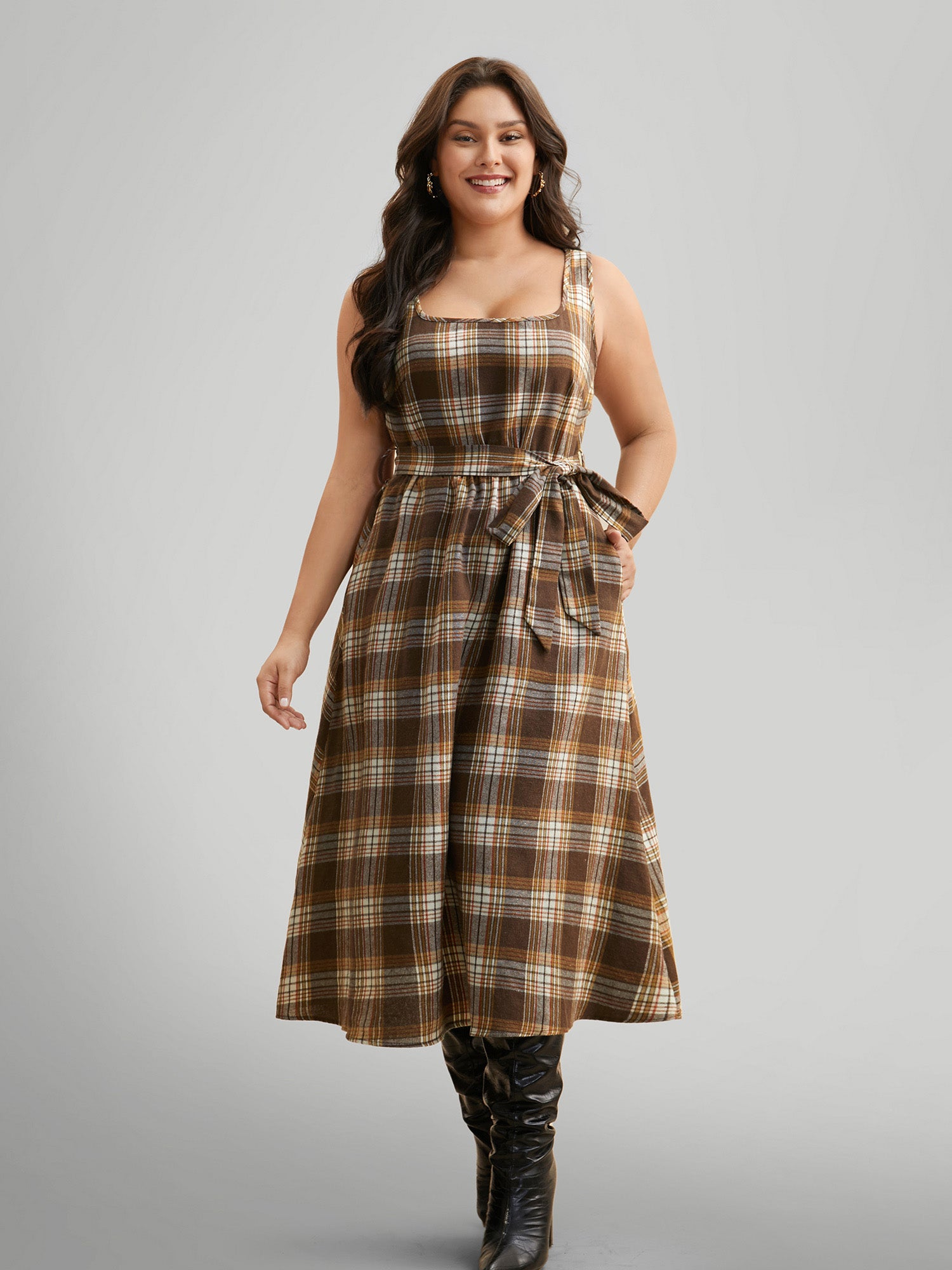 Square Neck Plaid Belted Dress