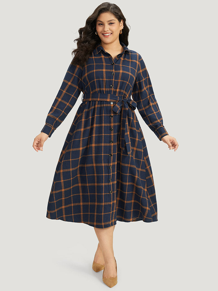 Plaid Shirt Collar Button Fly Belted Dress