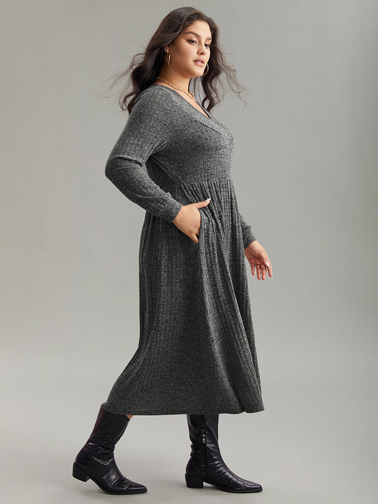 Rib Knit Plain Plisse Long Sleeve Dress