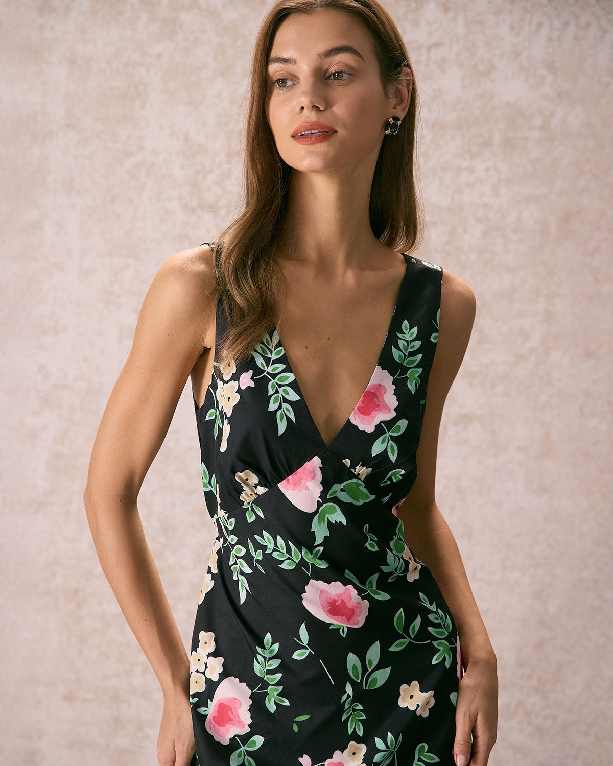 The Black V Neck Tie Back Floral Midi Dress