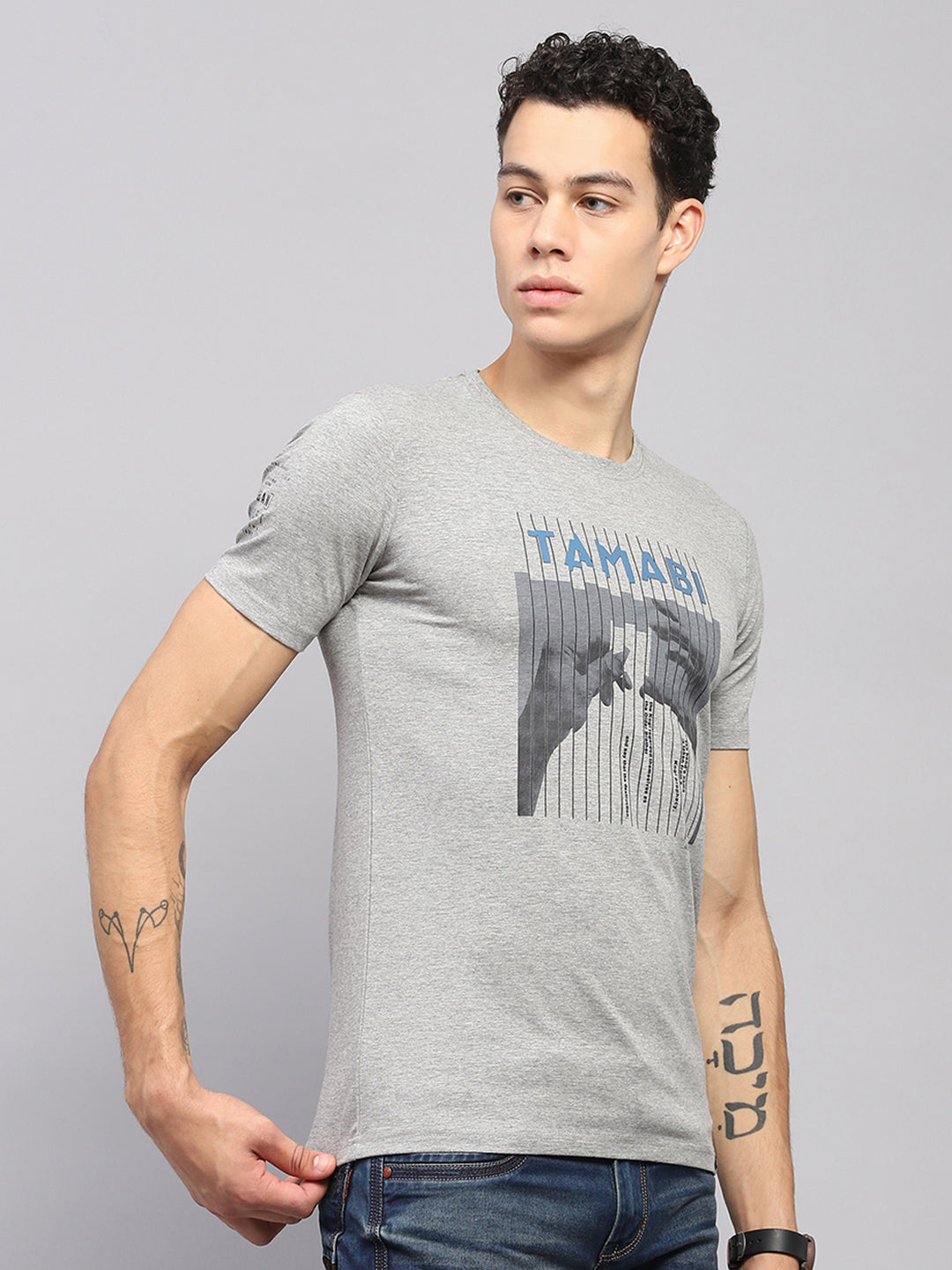 Men Grey Printed Round Neck Half Sleeve T-Shirt