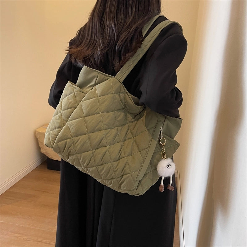 Women's Oxford Cloth Solid Color Elegant Vacation Sports Sewing Thread Square Zipper Shoulder Bag Bucket Bag