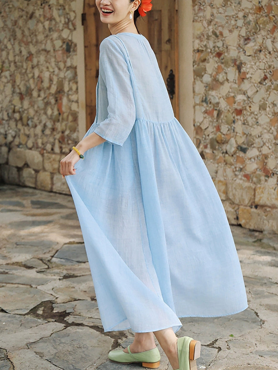 Women Summer Artsy Pure Color V-Neck Ramie Dress