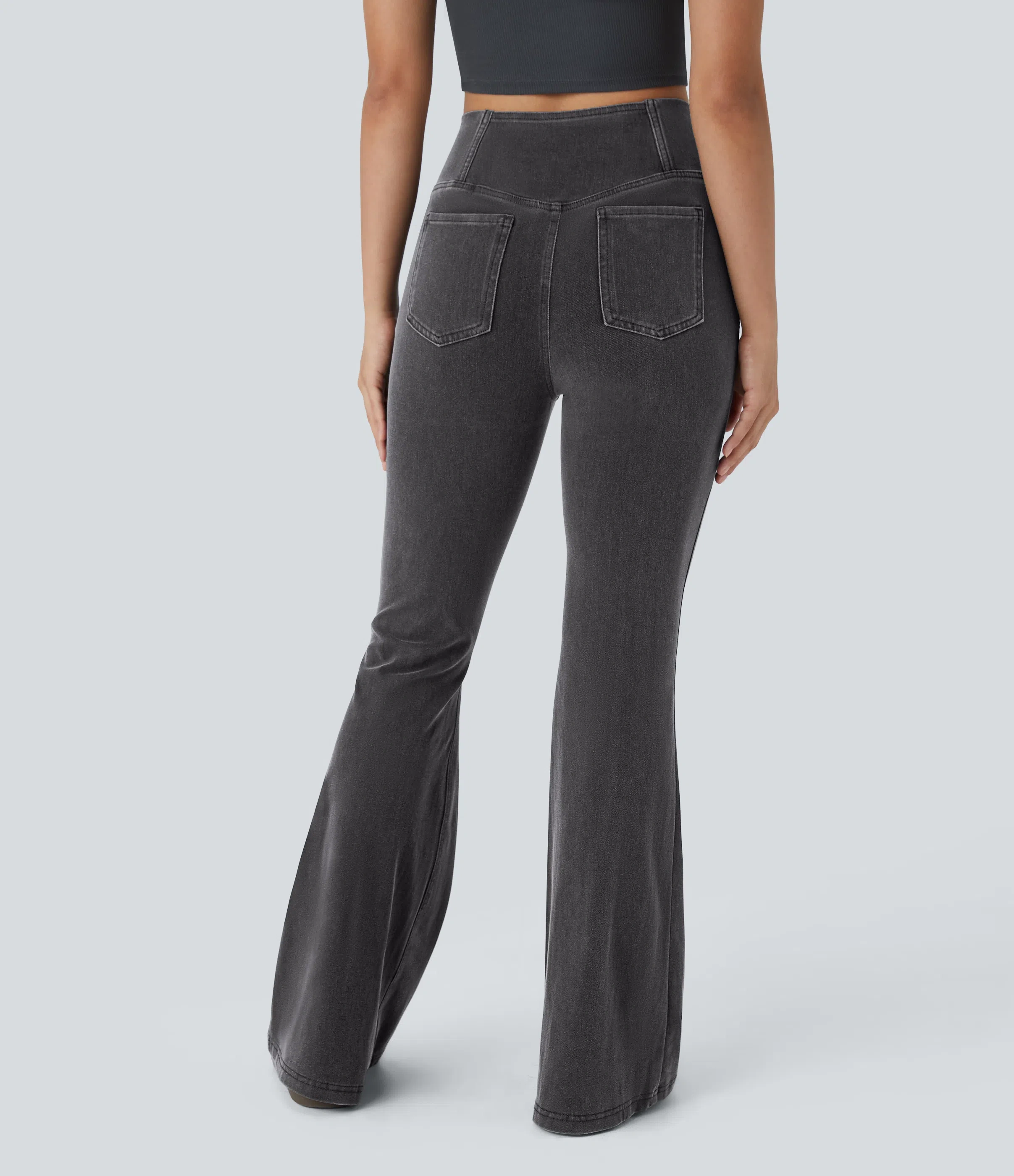 ⚡8 Packs for $25.95⚡- High Waisted Crossover Pocket Washed Stretchy Knit Casual Super Flare Jeans