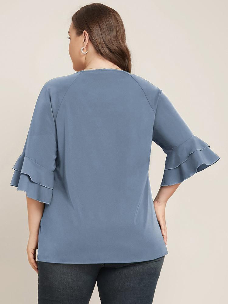 Plain Ruffle Tiered Round Neck Blouse