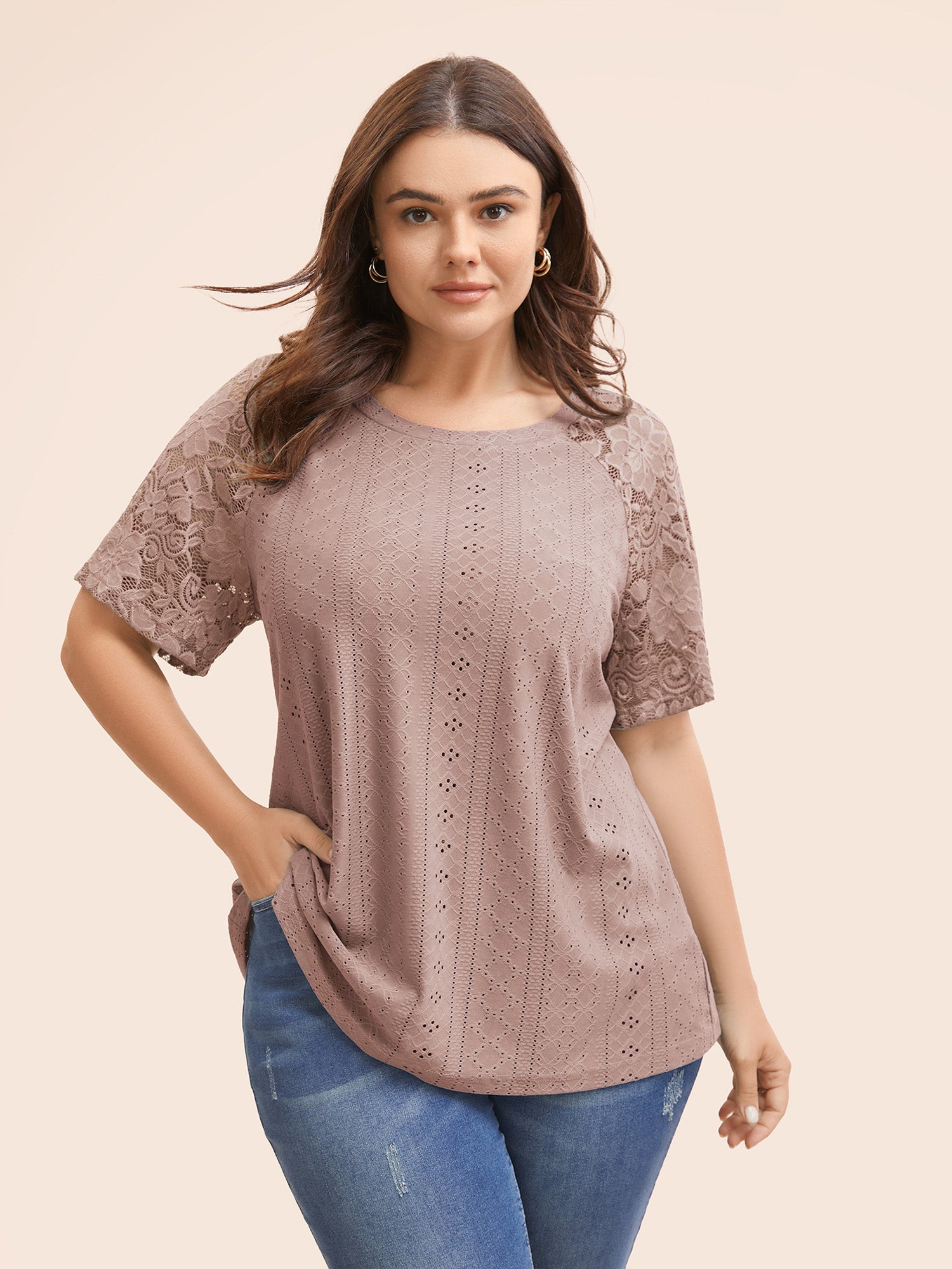 Solid Broderie Anglaise Lace Raglan Sleeve T-shirt