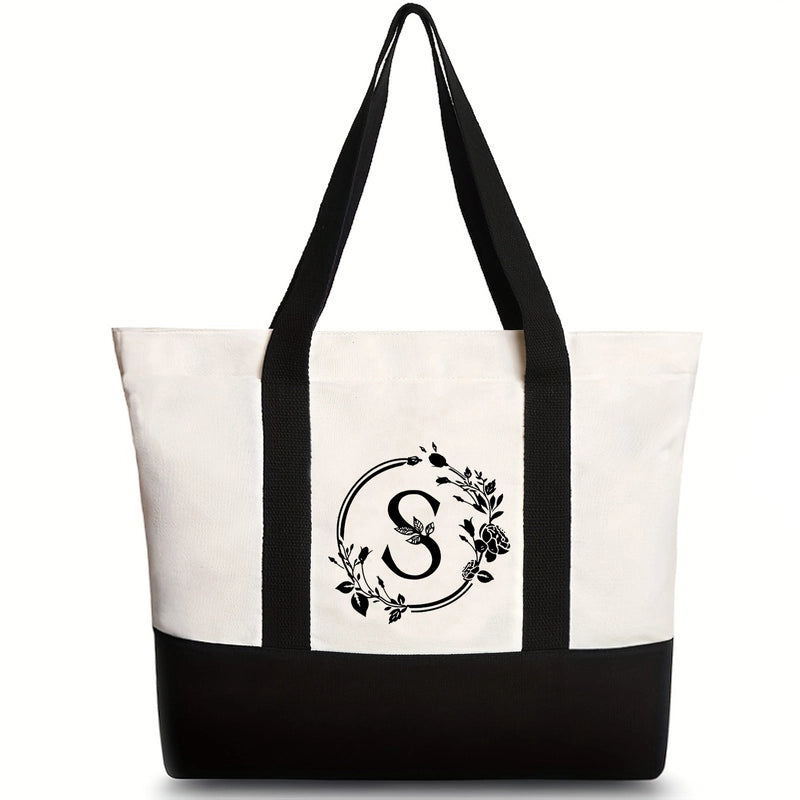 Women's Medium Canvas Letter Flower Classic Style Square Zipper Shoulder Bag