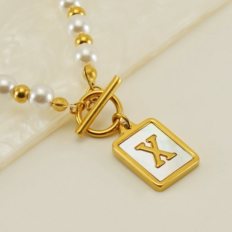 Stainless Steel 18K Gold Plated Elegant French Style Pearl Plating Inlay Letter Shell Pendant Necklace