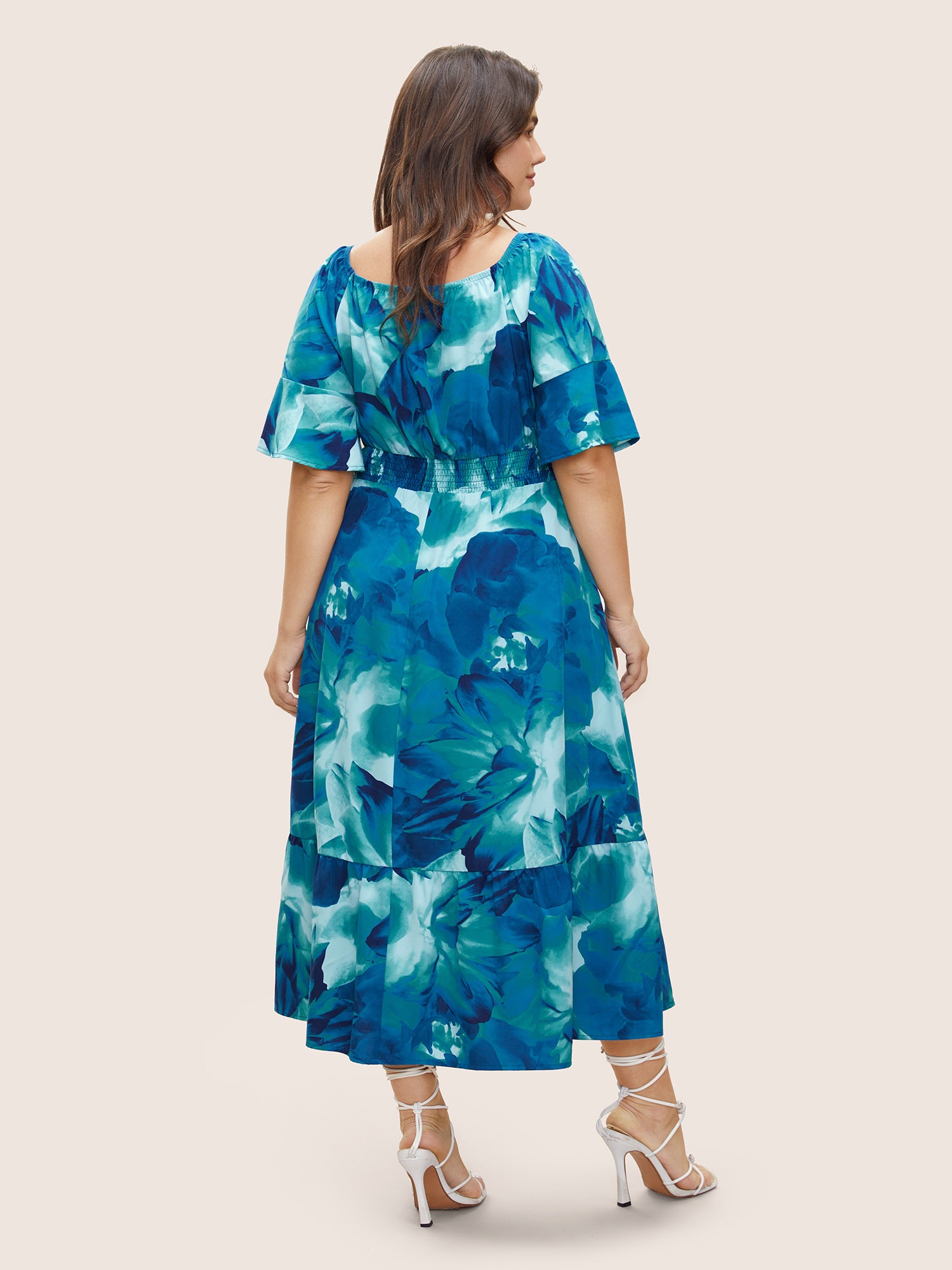 Square Neck Floral Shirred Gathered Ruffle Sleeve Dress