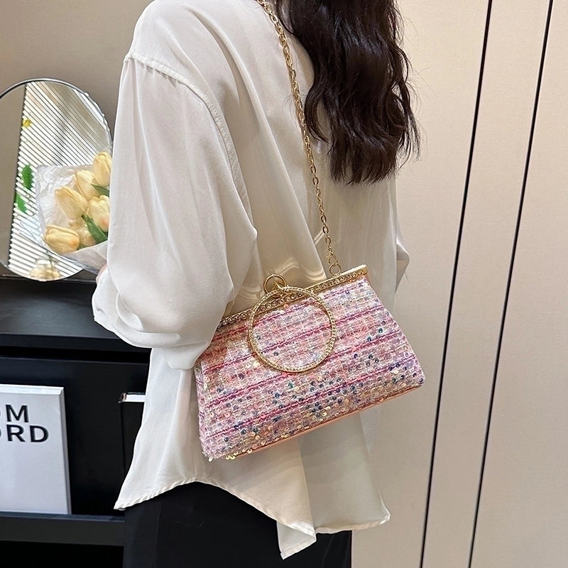 White Pink Blue Woven Fabric Solid Color Shell Sequins Evening Bags