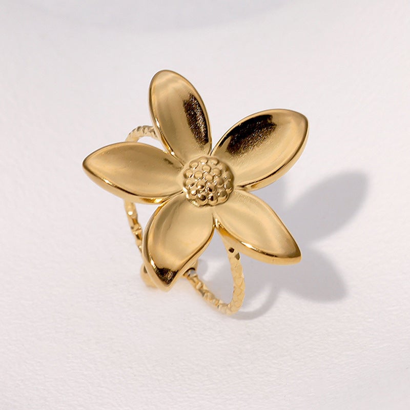 Simple And Fresh Ins Fashionable And Versatile Flower Gold-Plated Adjustable Sweet Stainless Steel Ring