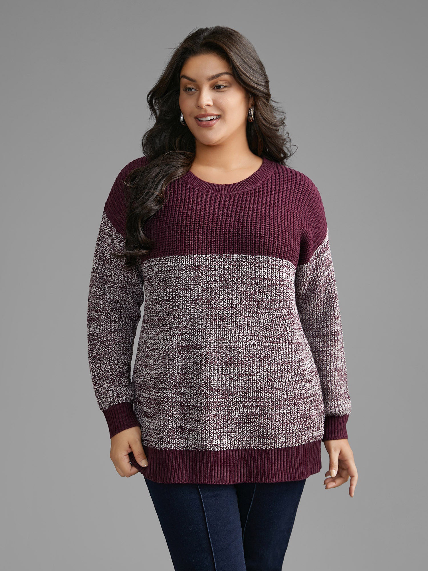 Round Neck Heather Patchwork Pullover