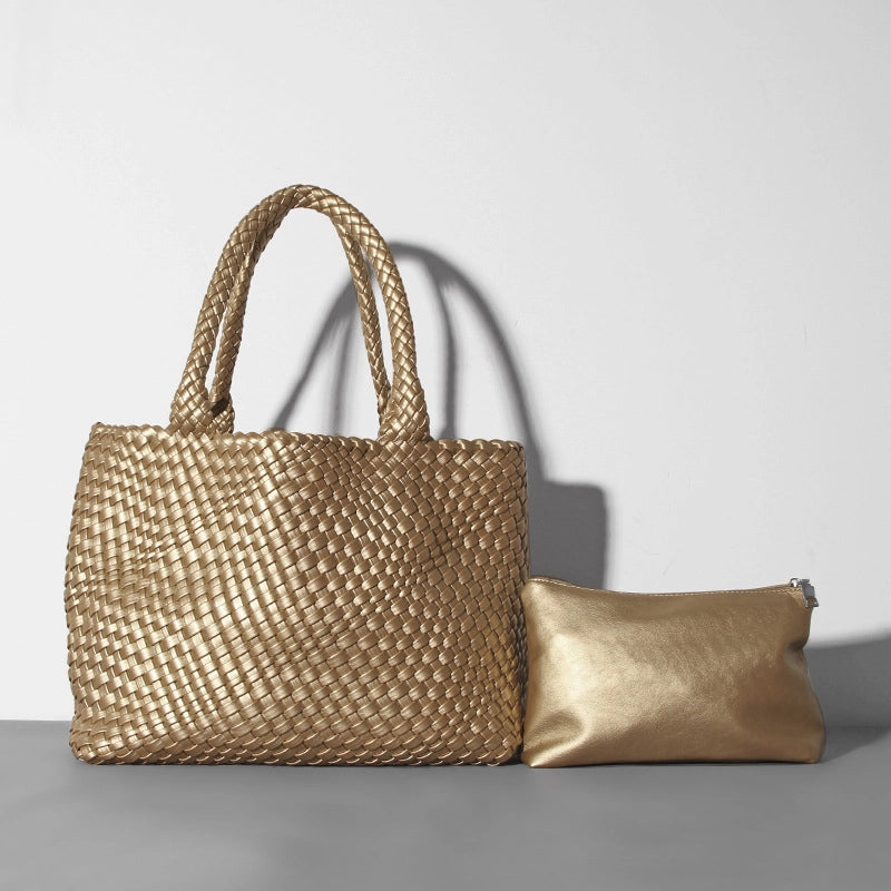 Women's Large Pu Leather Solid Color Classic Style Streetwear Weave Bucket Magnetic Buckle Bag Sets
