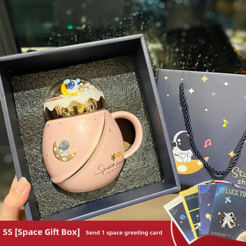 2 Pieces Astronaut Series Space Mug With Lid And Spoon Ceramic Couple Water Cup Girl Gift Set Boyfriend Gift