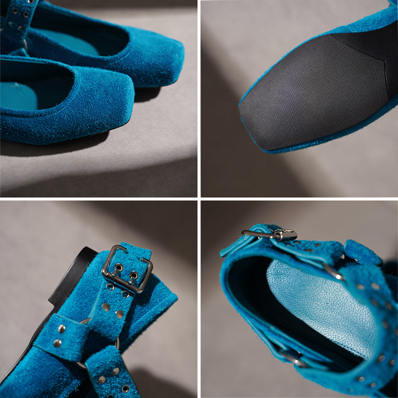 Women's Square Toe Leather Mary Jane Flats with Studded Strap Design in Green/Blue/Brown/Grey