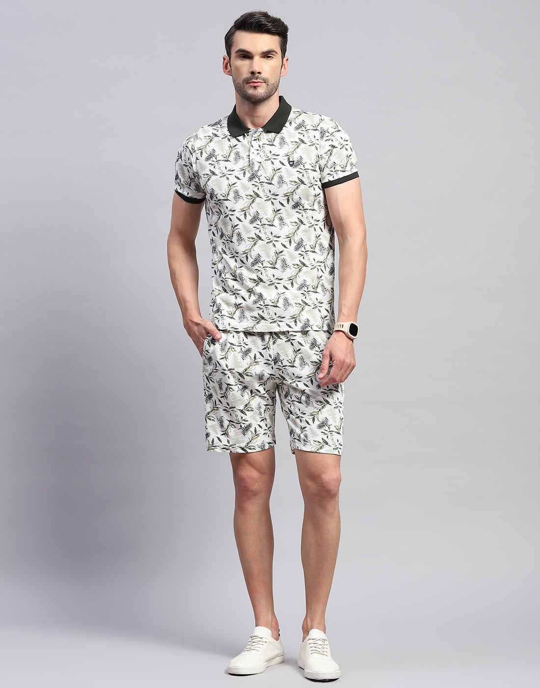 Men Off White Floral Print Polo Collar Half Sleeve Bermuda Set