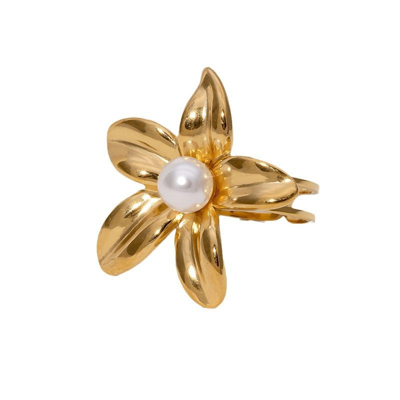 Simple And Versatile Flower Ring French Style Cold Style Real Pearl Stainless Steel Ring For Women