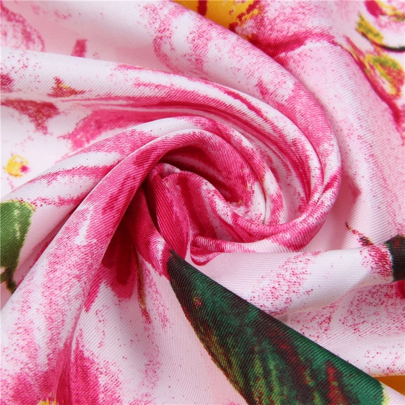 Fashion Imitation Silk Female 130cm Large Square Fringed Floral Print Shawl Scarf
