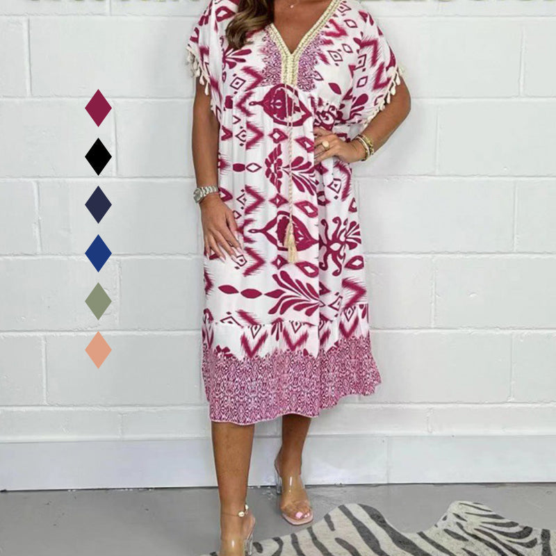 💕Printed Casual Dress With V-Neckline and Fringes on the Short Sleeves