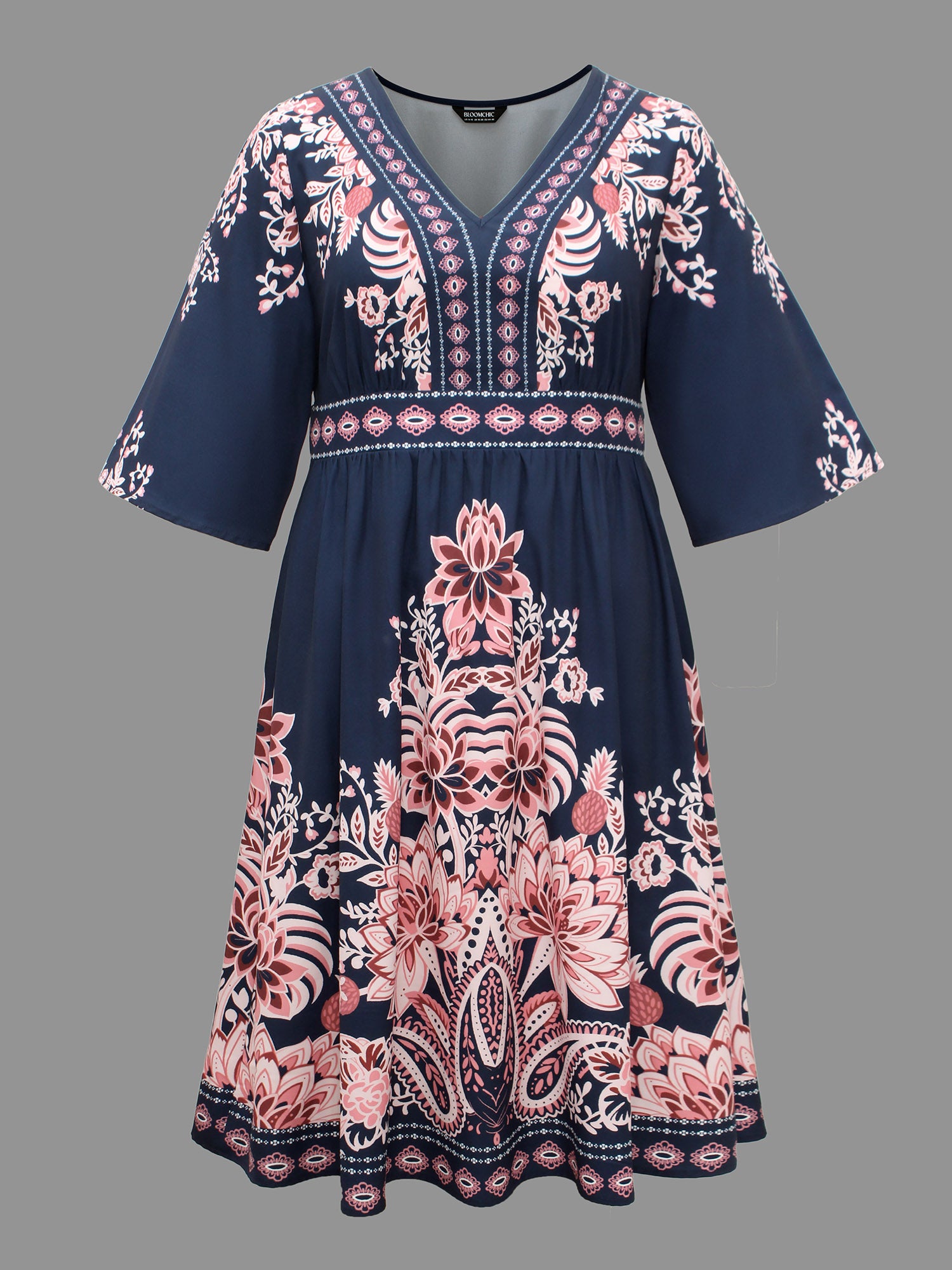 Boho Print Ruffle Sleeve Shirred Dress