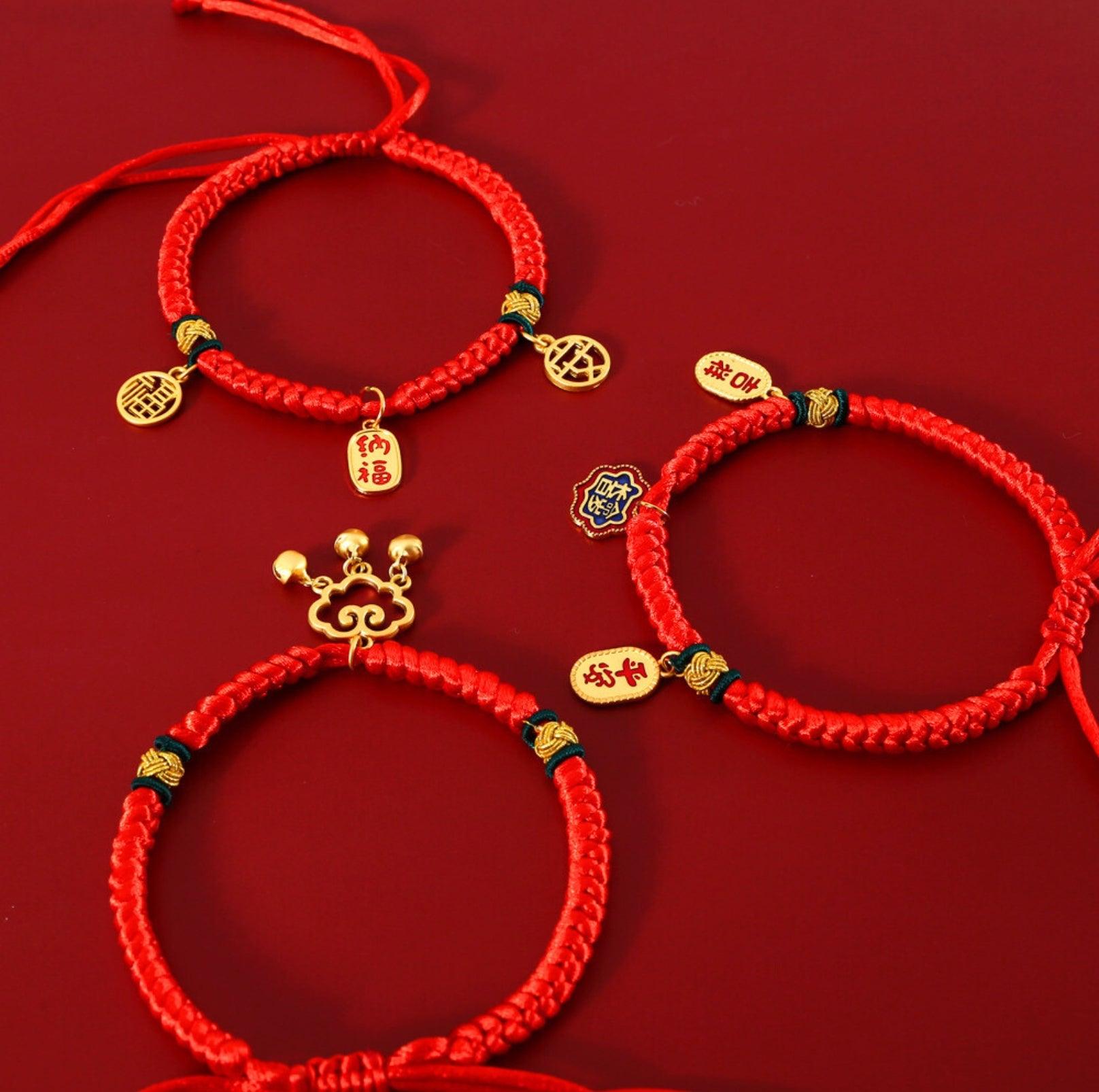 Adjustable Red Cord Pet Collar with Chinese Wishes Pendants