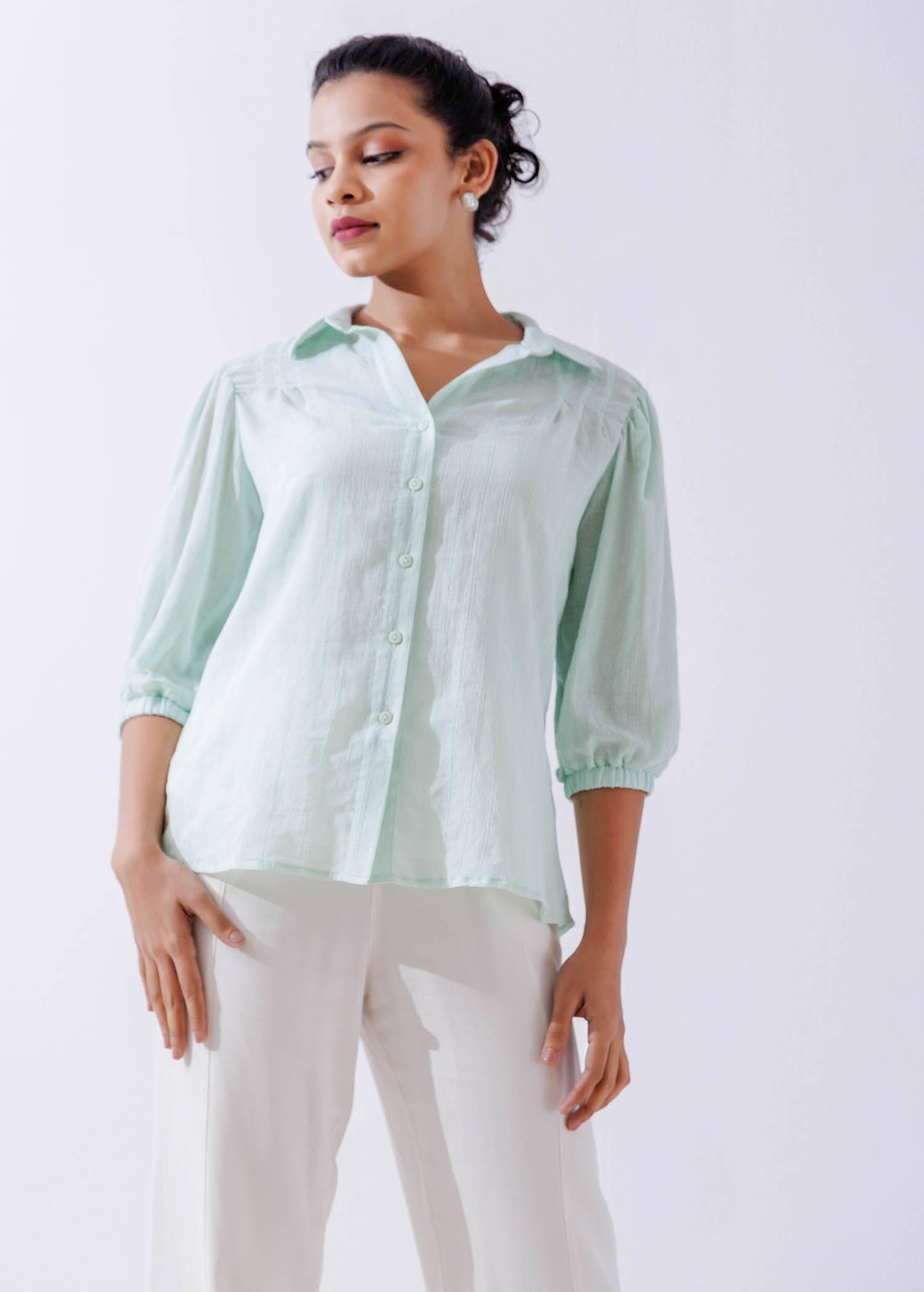 Pleat Detailed Blouse With Shirt Collar