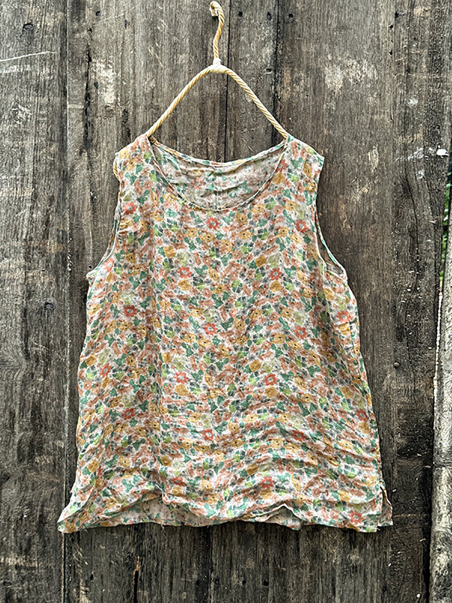 Women Summer Vintage Floral O-Neck Ramie Vest