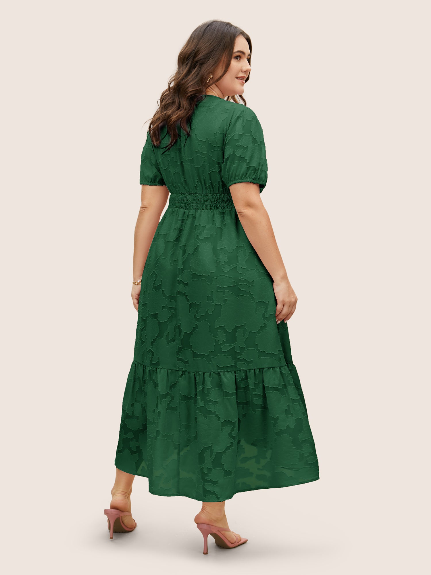 Solid Textured Lantern Sleeve Button Detail Dress