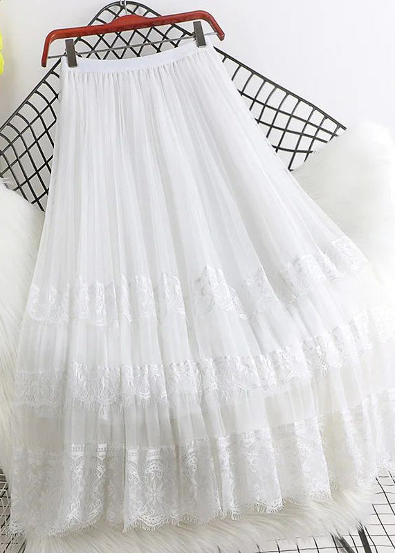 Fashion Brown High Waist Tulle Maxi Skirts Woman Mesh Lace Patchwork