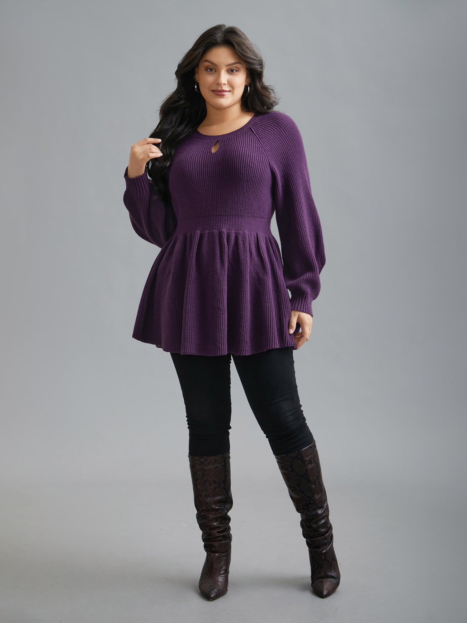 Plain Textured Keyhole Raglan Sleeve Pullover