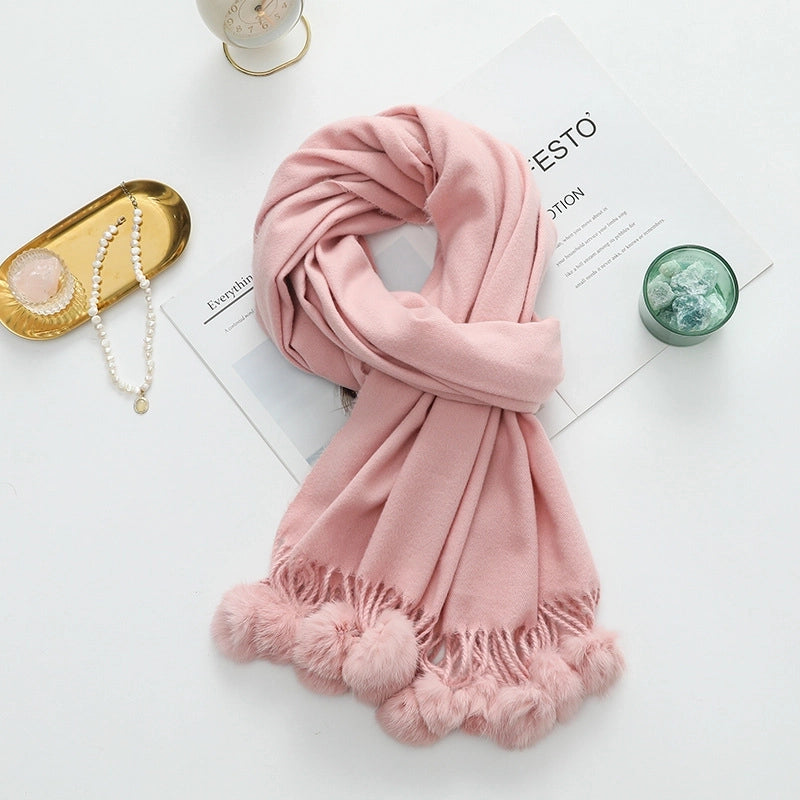 Cashmere Wool Scarf Women's Autumn And Winter High-grade Solid Color Ball Scarf Shawl Fur Ball Imitation Cashmere Scarf