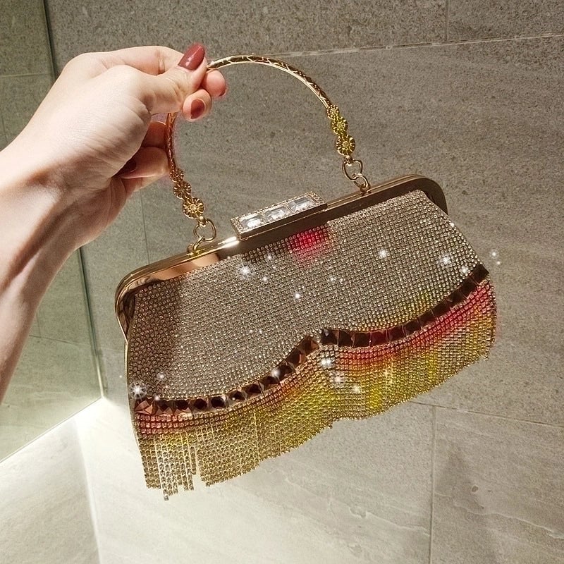 Black Gold Silver Pu Leather Solid Color Rhinestone Square Tassel Evening Bags