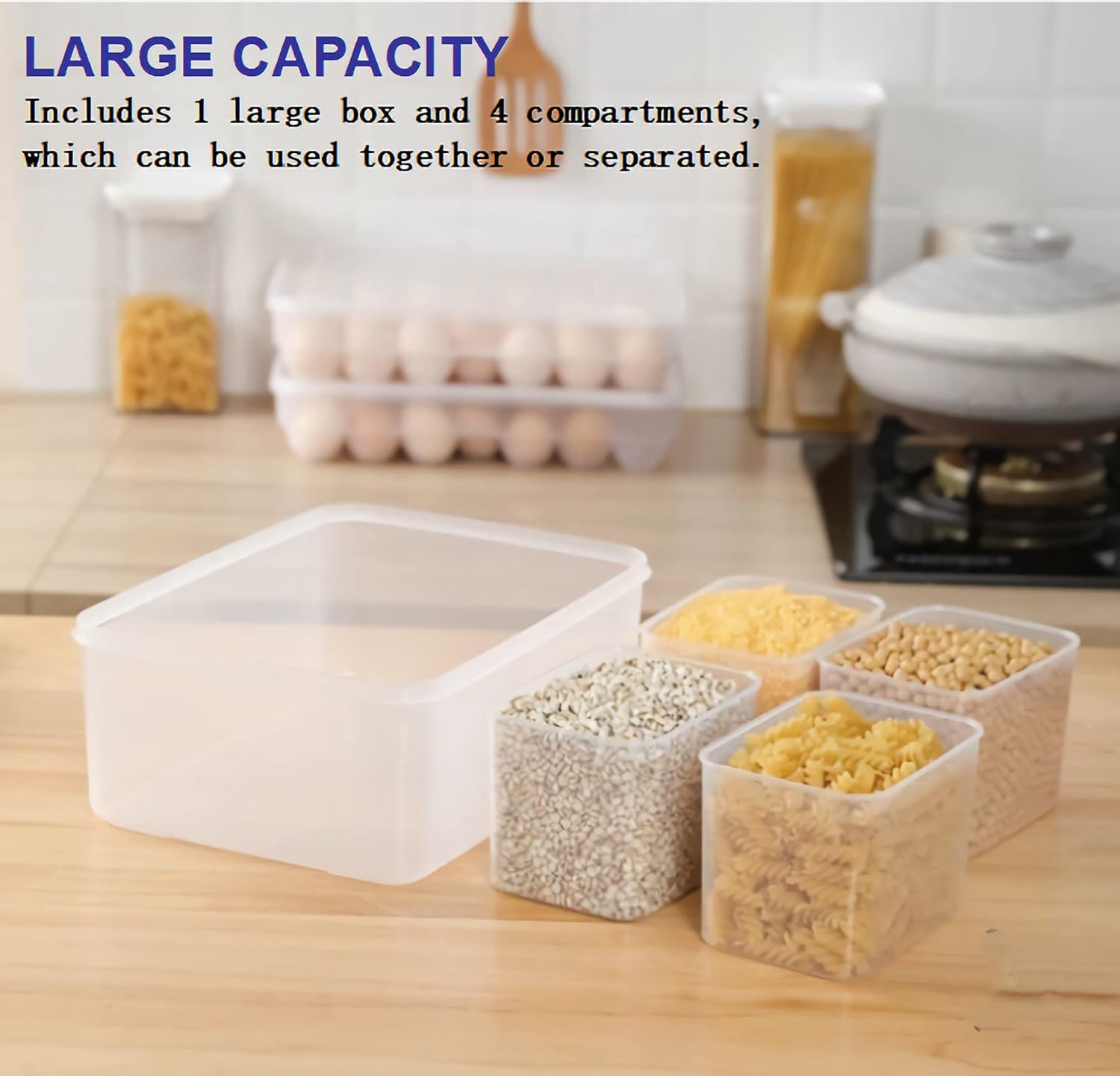 Fridge Food Storage Container With Lid. Airtight Refrigerator Food Box With 4Pcs Detachable Drain Baskets