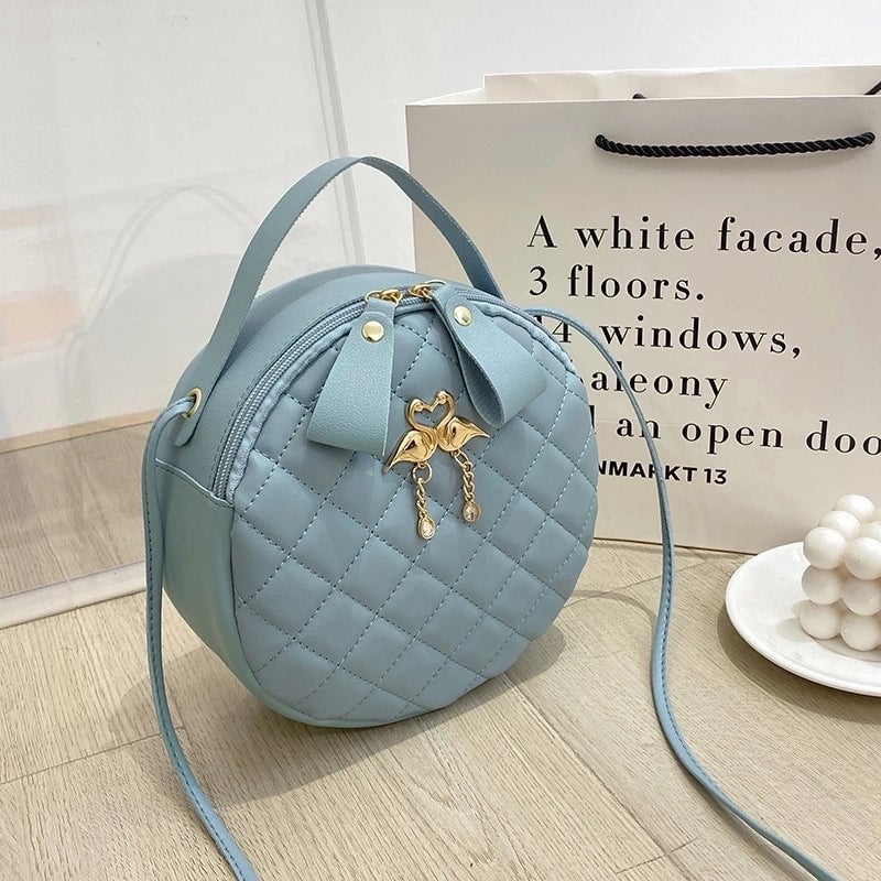 Round Bag Handbag Women's Diamond Pattern Bag Embroidered Small Bag
